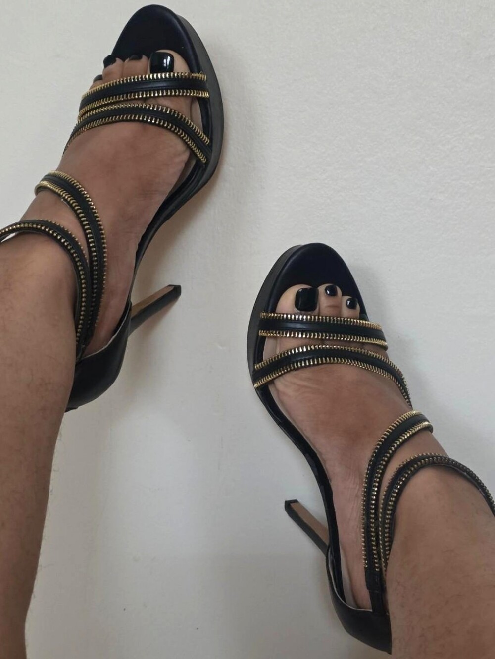 JustFab Black Strappy Heels with Gold Zipper Detail